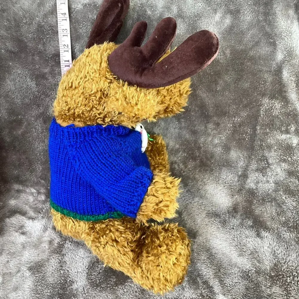 Vintage Reindeer Plush Moose Brown Curly Hair Blue Sweater 15” HugFun Toy TAGS